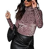 OMSJ Womens Velvet Burnout Tops Slim Fit Turtleneck Top Long Sleeve Semi See Through Elegant Shirts