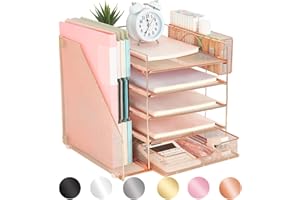 gianotter 5-Tier Paper Letter Tray Organizer with File Holder, Desk Organizer with Drawer and Pen Holder, Mesh Desktop Storage with Magazine Holder for Office Supplies (Rose Gold)