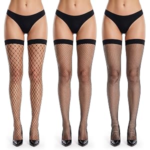 ValueBargain Black Fishnet Stockings, 3 Pairs Fishnet Thigh High Stockings