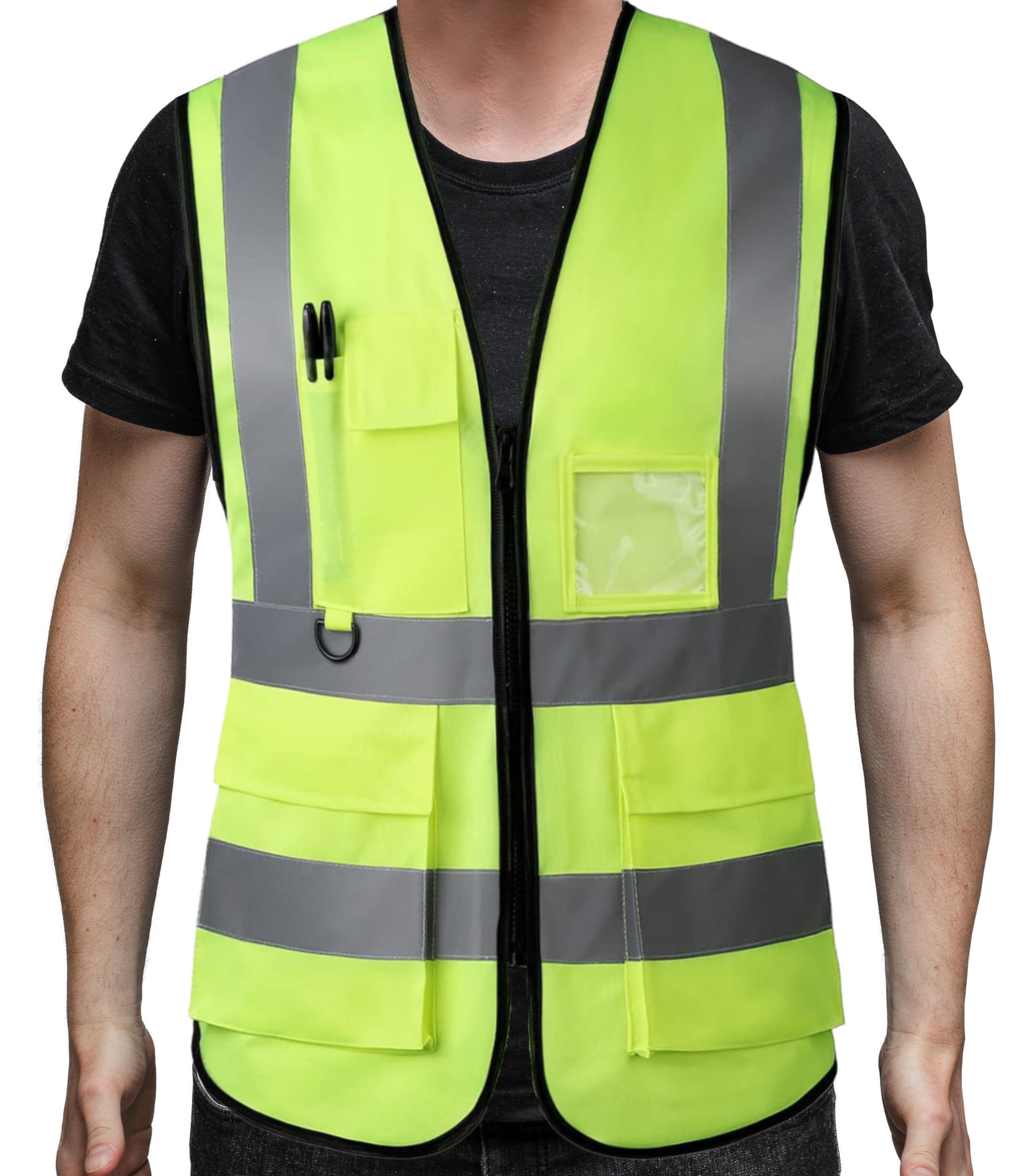 PB TECH Hi Vis Zipper Front High Visibility Reflective Vest Hi Vis Executive Jacket Vest Waistcoat ID & Multiple Pockets (Yellow, S)