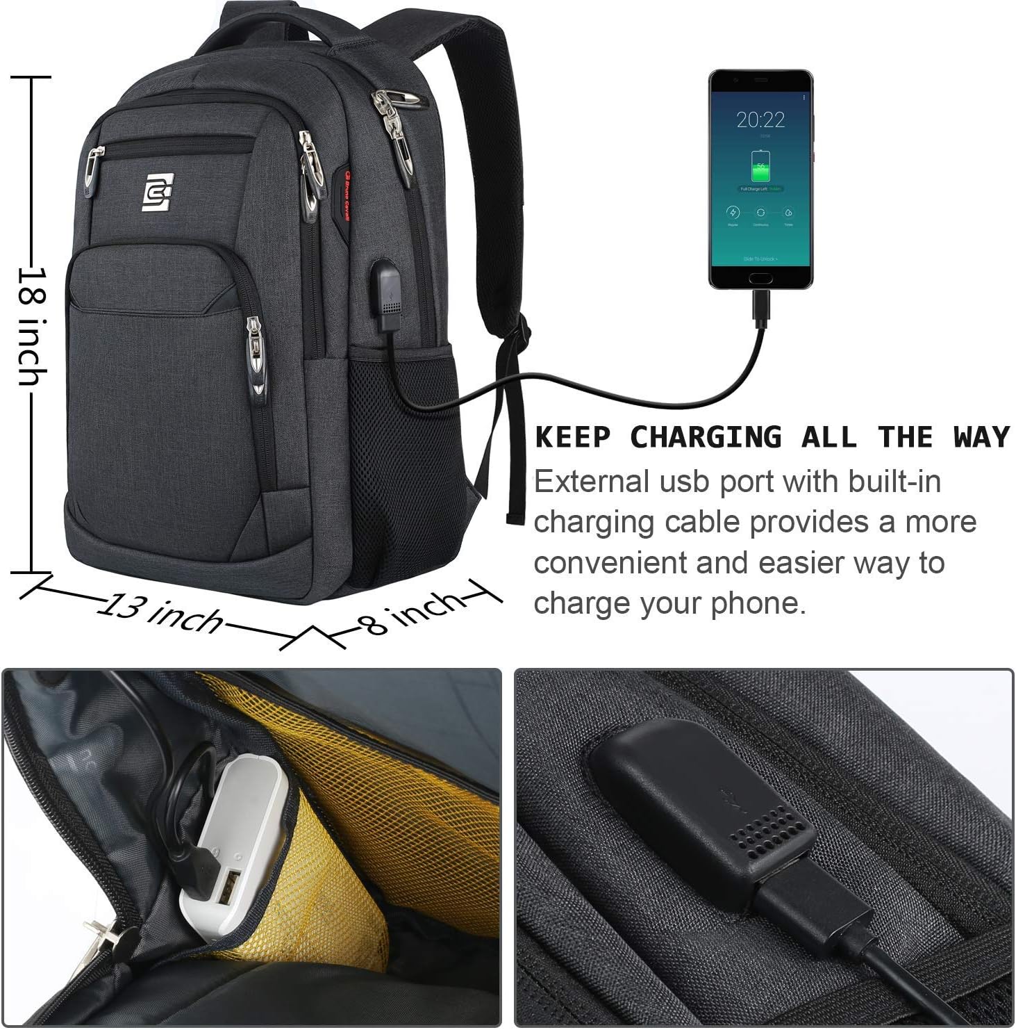 marcello Laptop Backpack with USB Charging&Headphone Port,Anti-Theft Business Backpack with Padded Shoulder Strap - Image 4