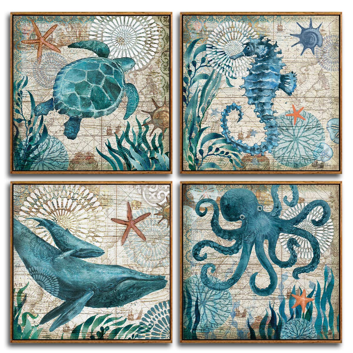 Bathroom Home Decor Turtle Canvas Wall Art Octopus Seahorse Dolphin Beach Posters Decorations Set For Kitchen Teal Ocean Animal Paintings Artwork Pictures Stretched And Framed 12 X 12 Inch X 4 Pcs