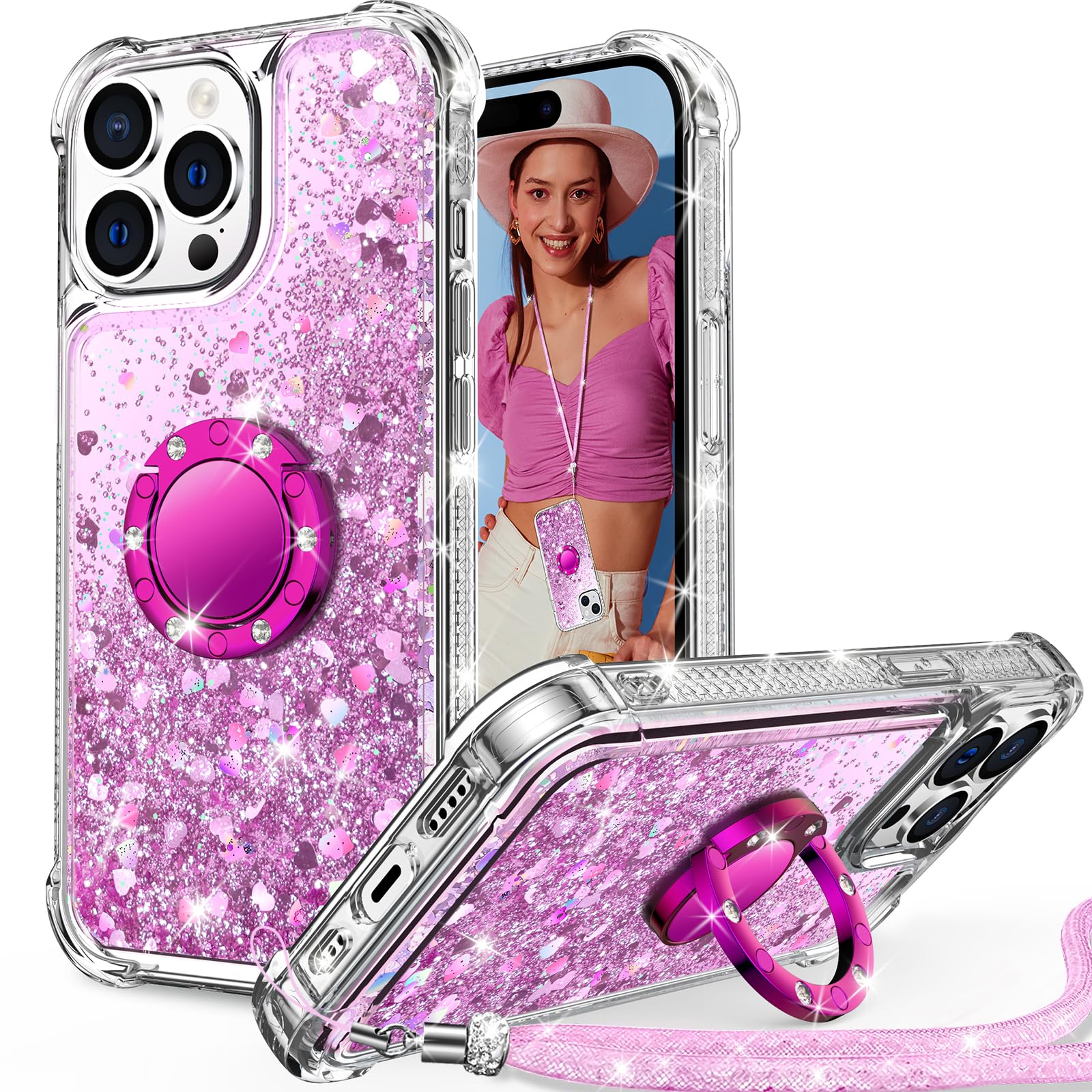 Unlicaku for iPhone 15 Pro Max Case, with Ring Women Girls Bling Holographic Sparkle Glitter Cute Cover, Diamond Ring Protective Phone Case for iPhone 15 Pro Max, Clear Pink — image 1
