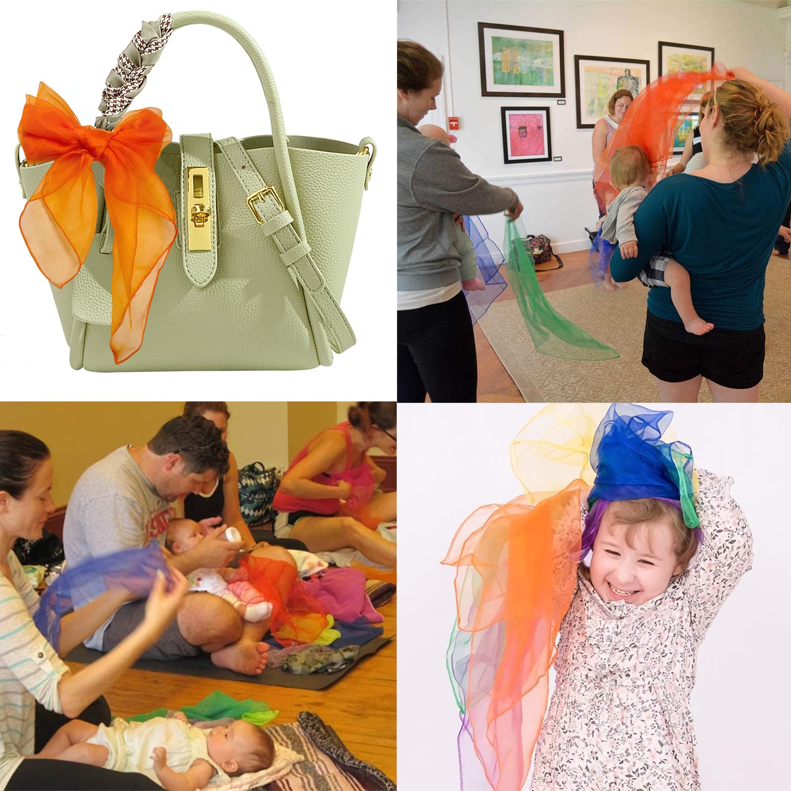 Lolakee Dance Scarves for Kids 12 Pcs - Upgraded Play Scarves for Babies, Toddlers, Children - Movement Square Juggling Silk Music Dancing Scarf - Rhythm Band Pro (6 Colors, 24