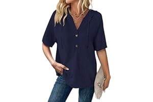 WNEEDU Womens Tops Summer Short Sleeve Waffle Knit Hoodies Loose Drawstring Button V Neck Casual Shirts Trendy 2026