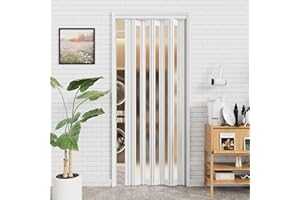 CRUTOP 24"-36" x 80 Accordion Doors Interior Folding Door, PVC Accordion Door with 1 Frosted Acrylic Glass with Upgraded Roller & Handle & Complete Hardware, for Closet Bathroom Doorways, White