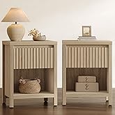 SICOTAS Fluted Night Stand Set of 2, Farmhouse Nightstands with Drawer, Boho Bedside Table with Storage Shelf, Large End Tabl