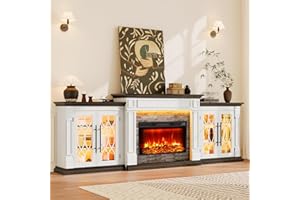 Naice 104" Fireplace TV Stand, Electric Fireplace Mantel with Large Cabinets Tempered Glass Doors, LED Light & Power Outlet, Media Entertainment Center with 30" Insert Heater for Living Room, Brown