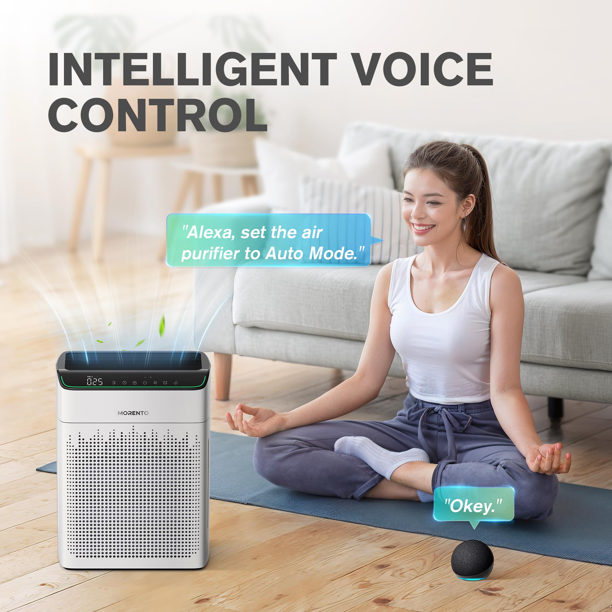 MORENTO Air Purifiers for Home Large Room Up to 1290 ft² with PM 2.5 Air Quality Monitor, Wi-Fi and Alexa compatible, HEPA Auto Mode Double-sided Air Inlet for Smoke and Odor, 23db, MR5866, White