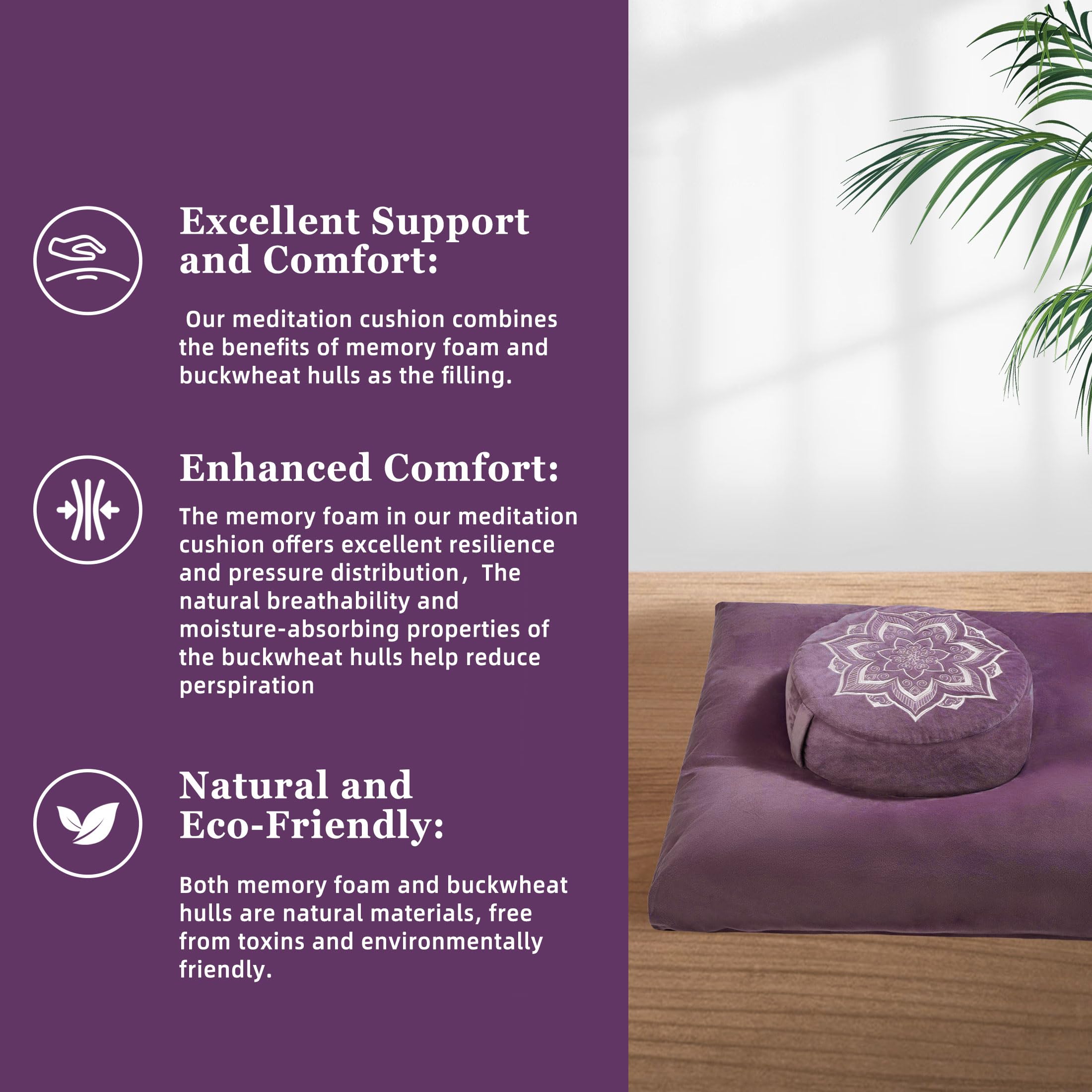 hunnidspace Meditation Cushion with Washable Premium Velvet Cover,100% Memory Foam Square Floor Cushion and Buckwheat Cushion Seating for Adults and Children Sitting, Yoga, Reading - Image 4