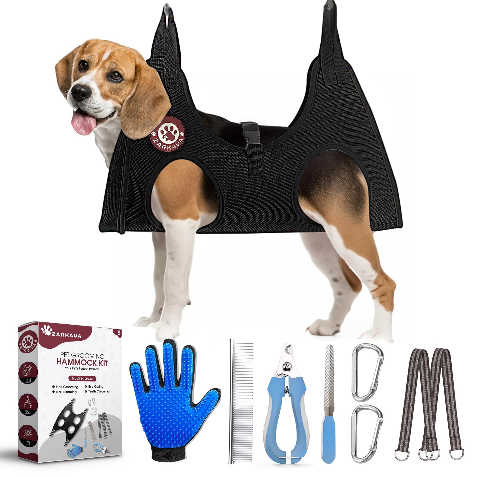 Photo 1 of ZARKAVA Large Dog Grooming Hammock – Dog Grooming Hammock for Large Dogs up to 60 lbs | Pet Grooming Kit with Brush, Nail Clippers, File & Gloves for Easy at-Home Grooming & Stress-Free Care
