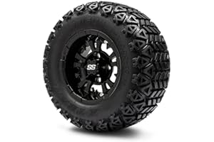 GOLF CART KING MODZ Vampire Glossy Black 10" Golf Cart Wheels and Arisun X-Trail (20x10-10) All-Terrain Golf Cart Tires Combo - Set of 4