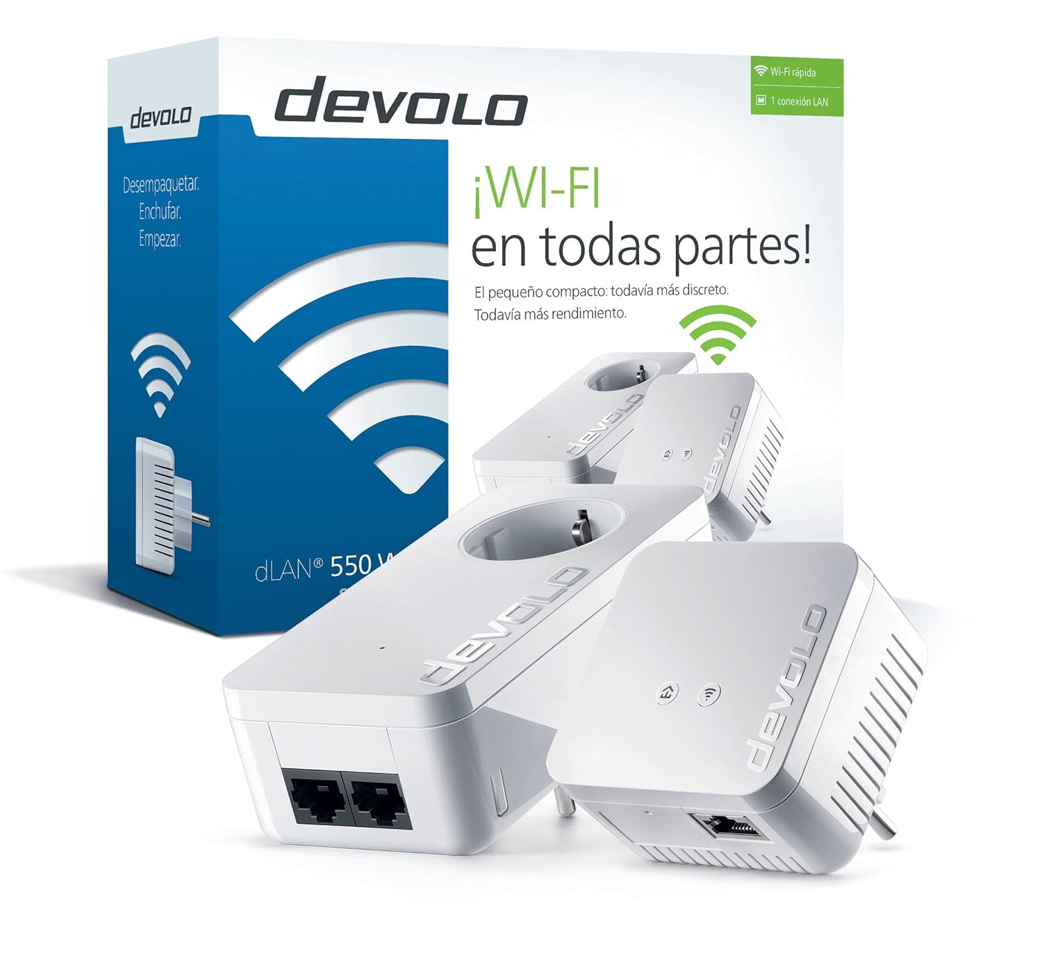 Devolo dLAN 550 WiFi - Kit de inicio PLC Powerline (500 Mbps, 2 x adaptadores, 2 x puertos LAN, enchufe...