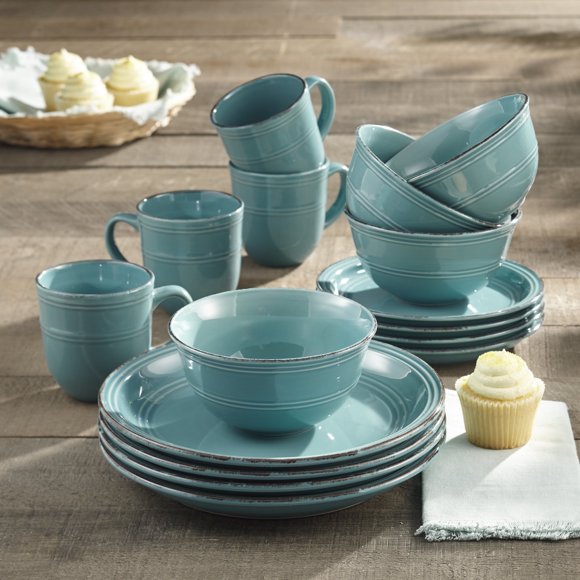 American Atelier 16 Piece Madelyn Blue Dinnerware Set, Aqua LAVORIST