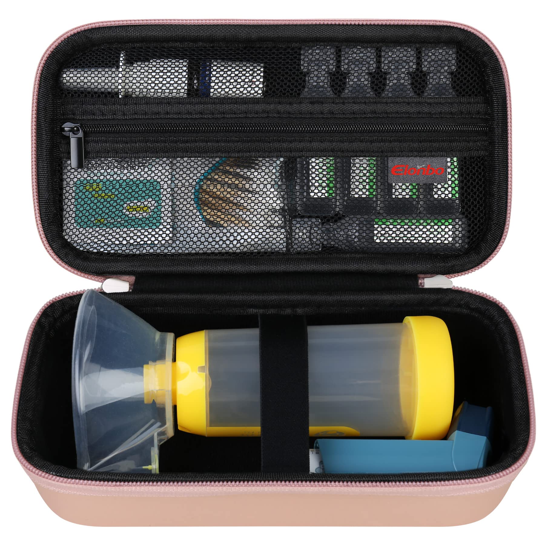 Elonbo Carrying Case for Asthma Inhaler, Ventolin Inhaler for Kids and Adults, Masks Travel Organizer Bag Holder, Pocket Fits Allergy Meds, Rose Gold (Case Only)