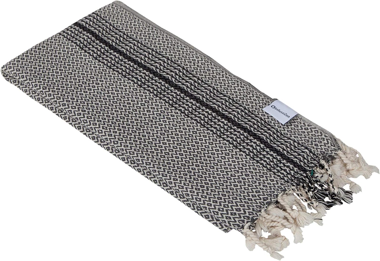 InfuseZen Diamond and Zigzag Handwoven Turkish Towel in Grey and Black, Oversized Peshtemal Bath Towel or Beach Towel (Smoke)