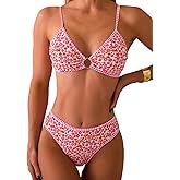 Fanuerg Women's Triangle Bikini Sets O Ring Linked Two Piece Swimsuits Floral Printed Cheeky Bathing Suit