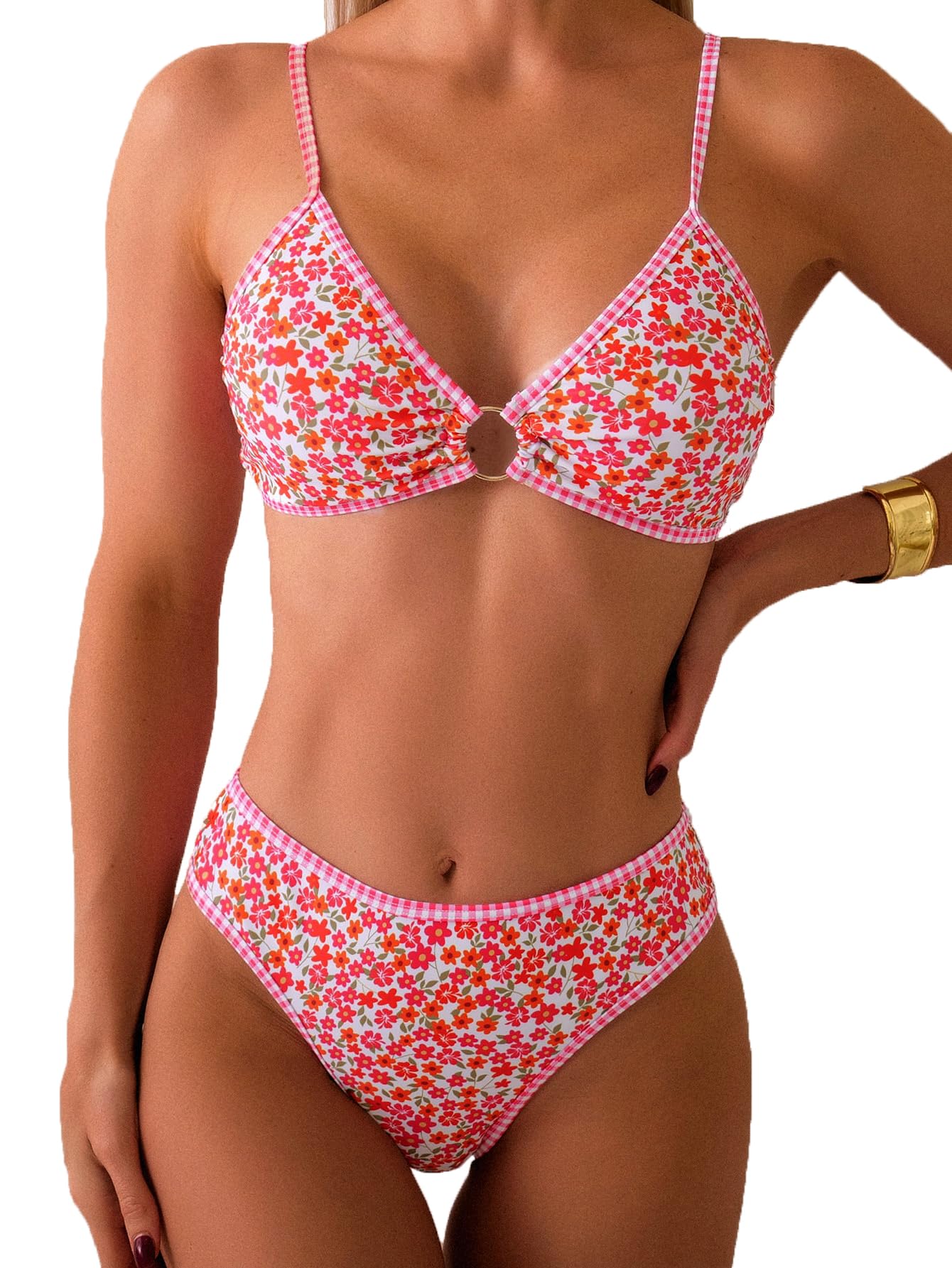 Photo 1 of Fanuerg Women's Triangle Bikini Sets O Ring Linked Two Piece Swimsuits Floral Printed Cheeky Bathing Suit Red Floral L