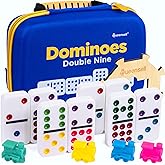 Queensell Double 9 Dominos Set for Adults and Kids with Colored Dots &ndash; Classic Dominoes Game Set with 55 Tiles, Wooden Hub, Trains and EVA Carrying Case