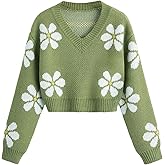 SHENHE Girl's Floral Print V Neck Long Sleeve Knitted Cropped Sweater Jumper Tops