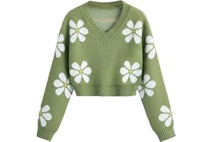SHENHE Girl's Floral Print V Neck Long Sleeve Knitted Cropped Sweater Jumper Tops