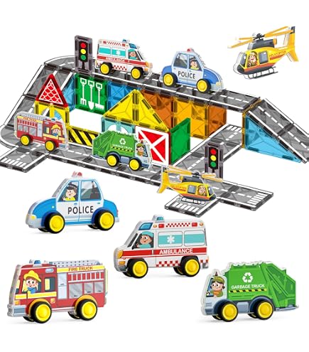 Oriate Jouets de construction à roues pour tuiles magnétiques, 5 pièces de jouets de véhicules de construction compatibles avec des tuiles magnétiques, camions pour enfants pour blocs de construction