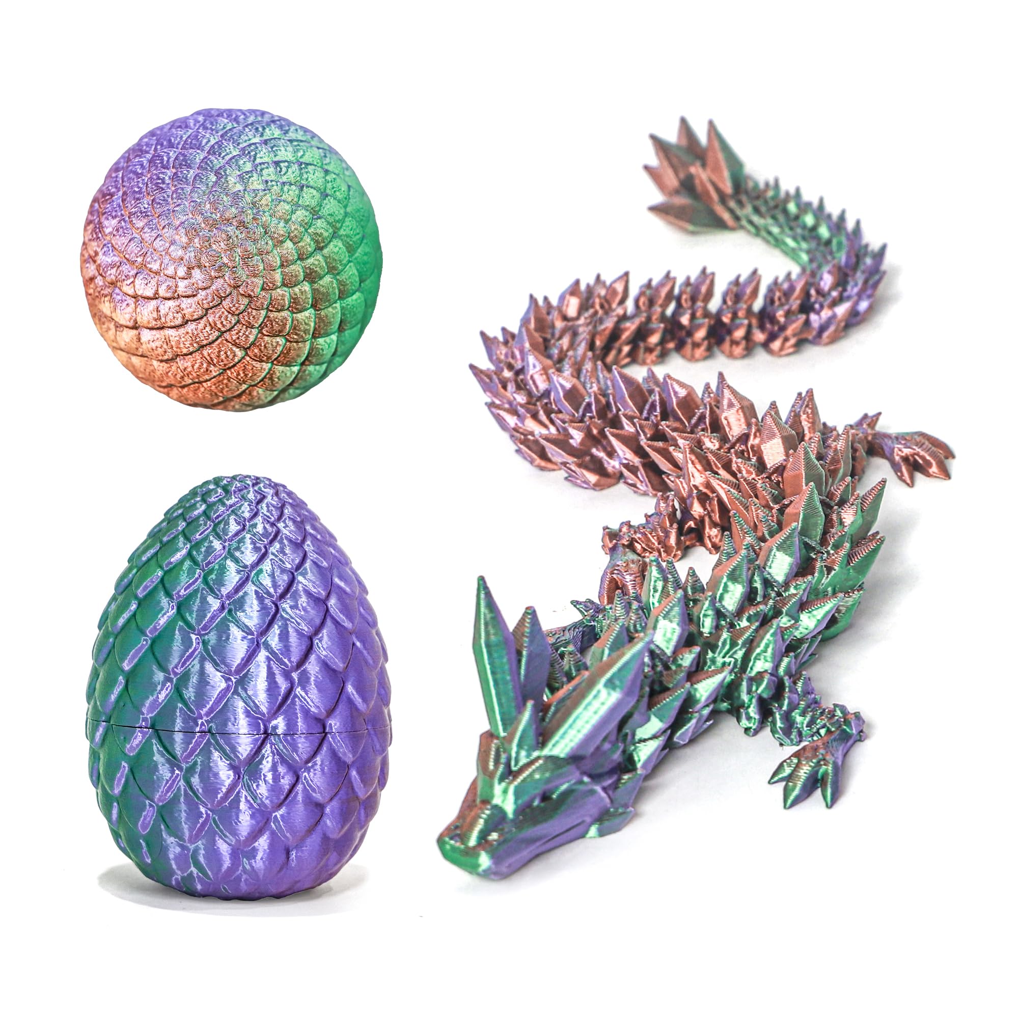 Flavery 3D Printed Dragon in Egg - 12" Flexible Crystal Dragon Inside, Colorful Fidget Toy, Birthday Gift, Desk Pet Figure (Copper Green Purple)