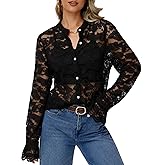 Simlakey Long Sleeve Lace Blouse for Women Dressy Button Down Shirt Crew Neck Eyelet Top Elegant Casual Work Wear