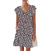 nclook Womens Summer Casual Dresses Sweet Cute V Neck Mini Dress with Pockets Ruffle Short Sleeve