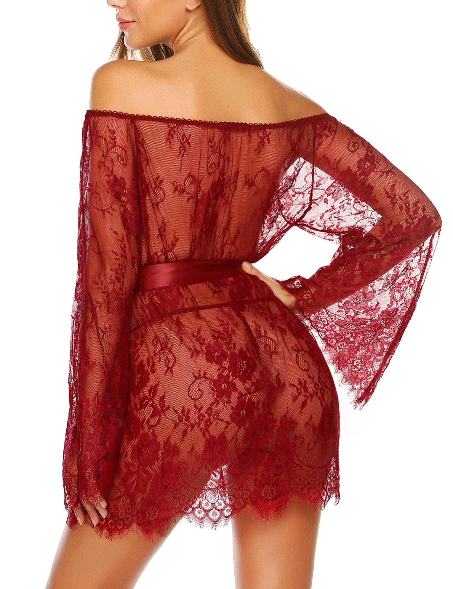 Hotouch Lingerie Lace Smock Lingeries Cold Shoulder Mini Nightgown Wine Red S