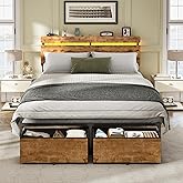 Forestell Full Size Bed Frame with Wood Headboard, Metal Platform Bed with 2 Storage Drawers & Shelf, Built in Charging Station & LED Lights, No Box Spring Needed, Vintage Brown, Camas Full