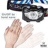 Brightest LED Headlamp Flashlight with Motion Sensor and Red LED, Best for Camping Hunting Hiking Running Reading DIY, Waterproof Shockproof includes a Storage Case with Clip and 3 AAA Batteries