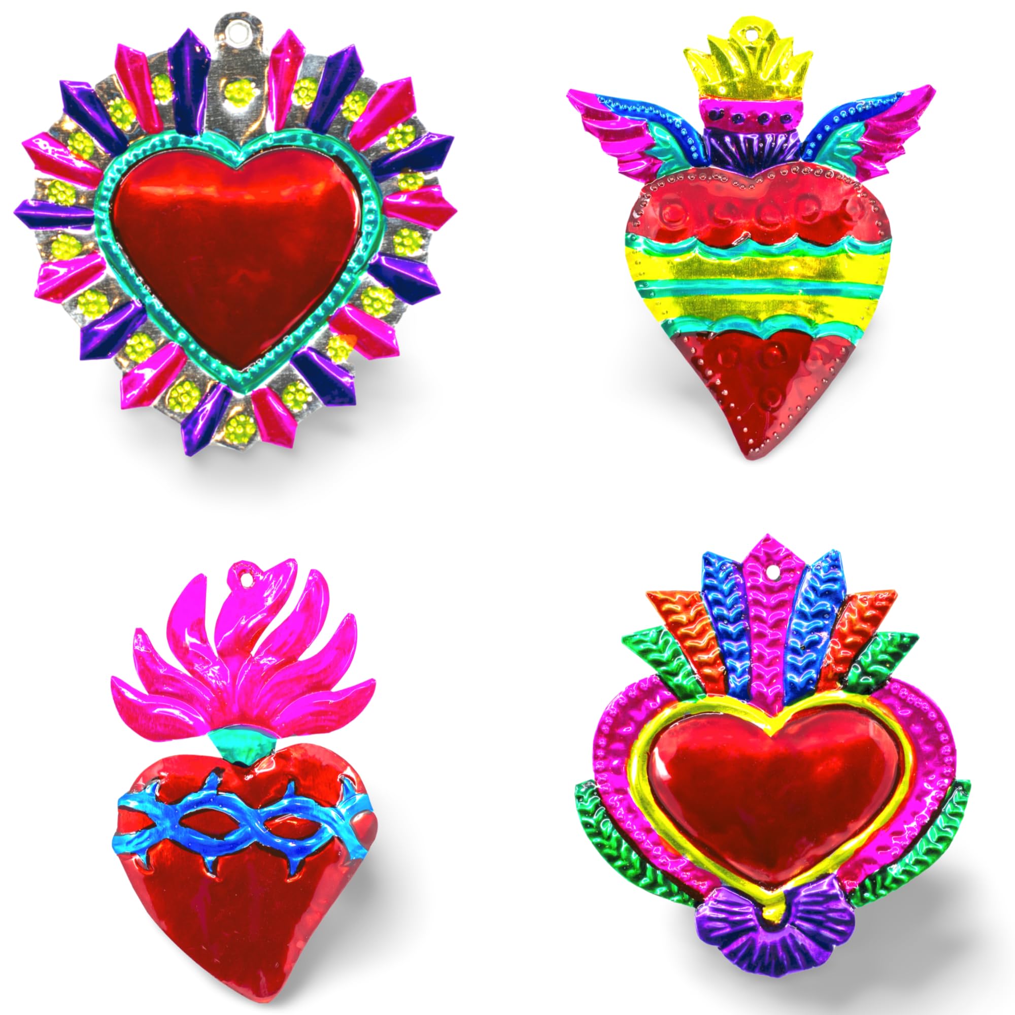 Mexican Hearts Milagros Charms Tin Painted Sacred Heart Ornaments Handmade in Mexico Metal Folk Art Wall Decoration (Set of 4) Large 5.5 inches Milagros Multicolor Grandes