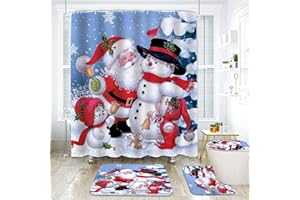 GUDAGUU 4 Piece Christmas Shower Curtain Bathroom Decorations Sets,Santa Claus and Snowmen Bath Decor with Toilet Seat Cover Rug Xmas Theme Rustic Gnome Bathtub Room Accessory Complete Kit