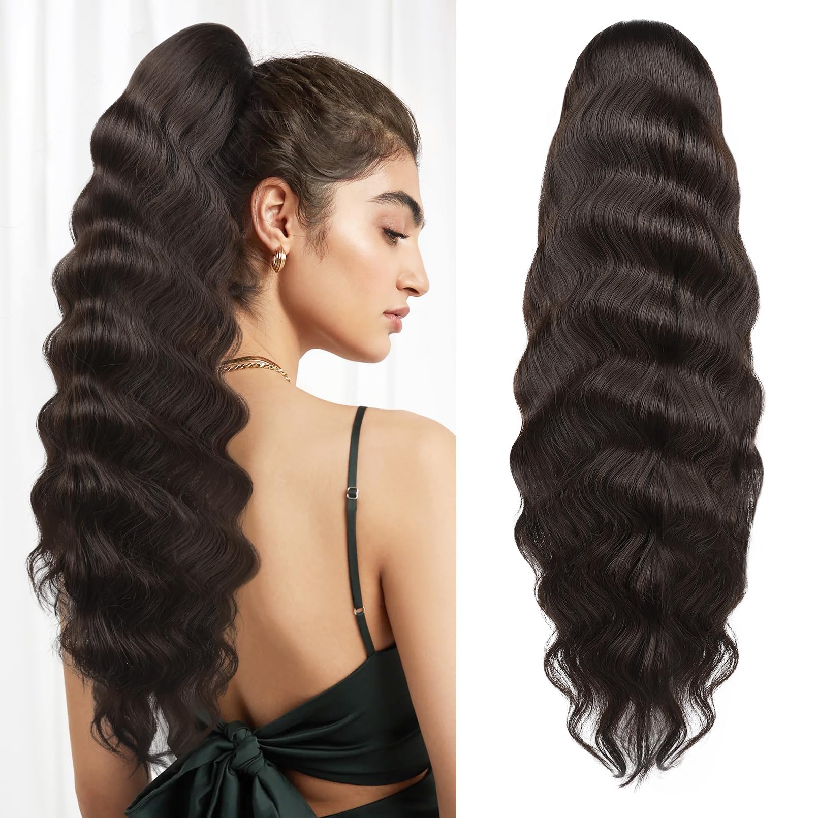 Photo 1 of FLUFYMOOZ Ponytail Extension, 26 Inch Wavy Drawstring Ponytail Long Ponytail Hair Extension Soft Synthetic Hairpiece for Women Black Brown