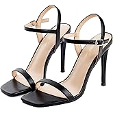 GENSHUO Women's Square Toe Strappy Stiletto Heels,4 Inch Open Toe Heel Sandals Ankle Strap Buckle Sexy High Heeled Prom Party Wedding Daily Wear Dress Shoes