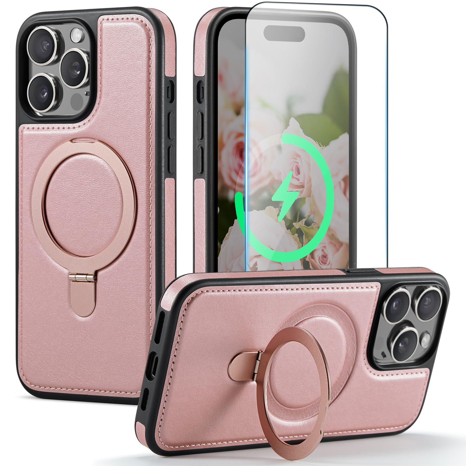 CHEEWADA Compatible with iPhone 14 Pro Case with Stand, Compatible with MagSafe, Slim PU Leather & Durable TPU Protective Cover Drop-Proof with Tempered Glass Screen Protector 6.1", Rose Gold