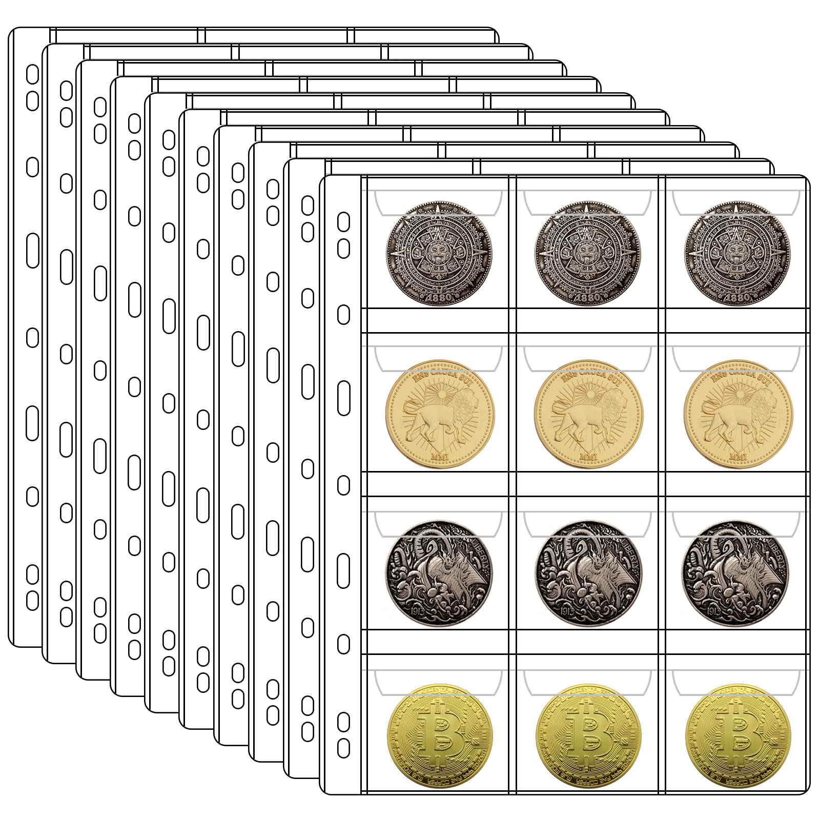 Photo 1 of 12 Pocket Coin Pages for Collectors, 10 Sheets Coins Sleeves Coin Holders Stamp Collector Supplies with Standard 9 Hole for Coin Binder, Coin Collection Supplies Pages for Pennies Quarters Stamps