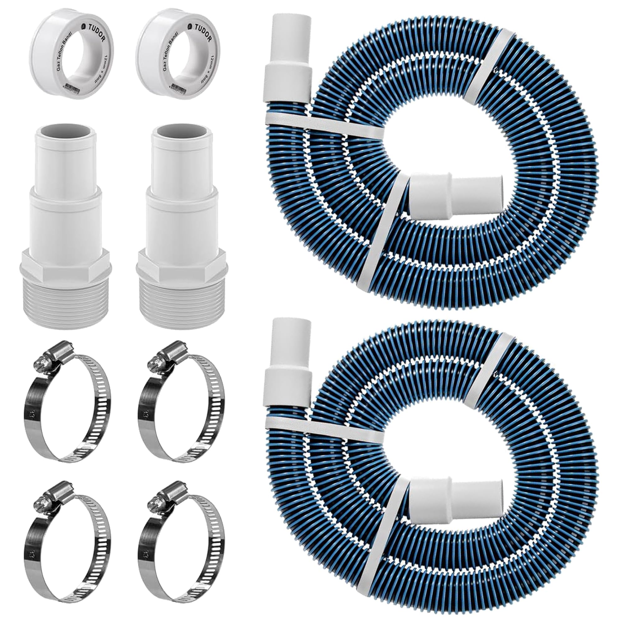 Photo 1 of 1.5" 6ft Pool Filter Pump Hose Kit for Above Ground Swimming Pools Vacuum Skimmer 1 1/2 to 1 1/4 Pool Hose Adapter Fittings & 1 1/2" Hose Replacement- 2 Pool Hoses, 2 Adapters, 2 PTFE Tapes, 4 Clamps