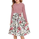 YOVION Girls Fall Long Sleeve Dress Floral A-Line Swing Holiday Casual Knit Dresses with Belt for 6-12 Years