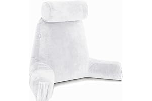 Husband Pillow Medium White, Backrest for Kids, Teens, Petite Adults - Reading Pillows with Arms, Adjustable Loft, Plush Memory Foam, Bed Rest Chair for Sitting Up, Detach Neck Roll, Removable Cover