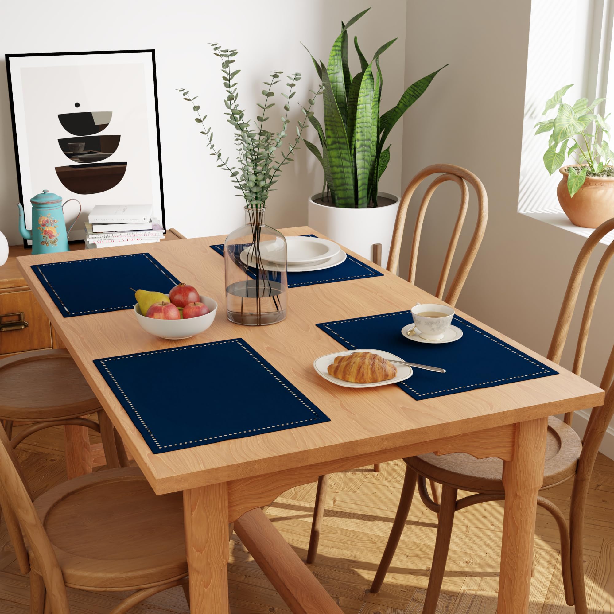 Encasa XO Placemats Set of 4 | Pure Cotton Hemstitched Design | Scotch Blue | Rectangular 48x32 cm - Dining Table Mat | Machine Washable