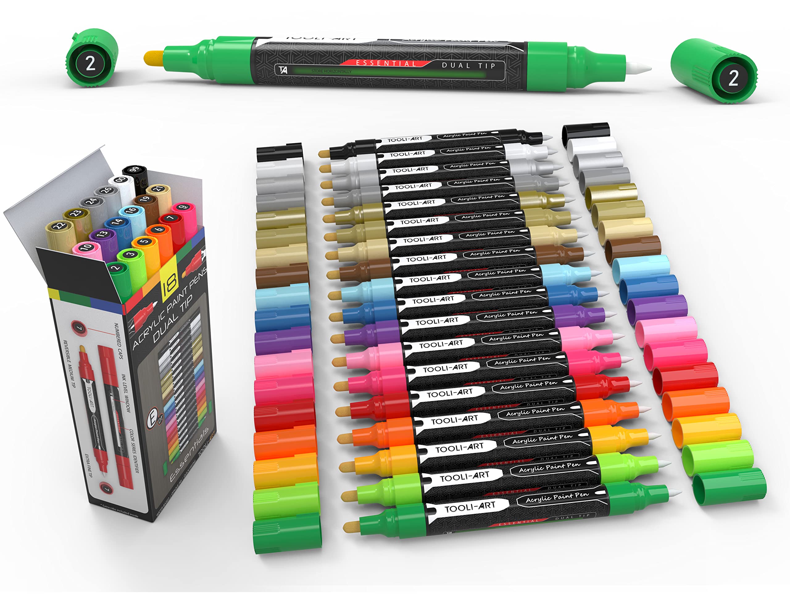 TOOLI-ART Acrylic Paint Markers Paint Pens Set Essential Color Series For Rock Painting, Canvas, Mugs, Plastic, Metal, Glass Paint, Fabric, Wood, DIY. Non Toxic, Quick Dry,Waterbased (18 DOUBLE SIDED)