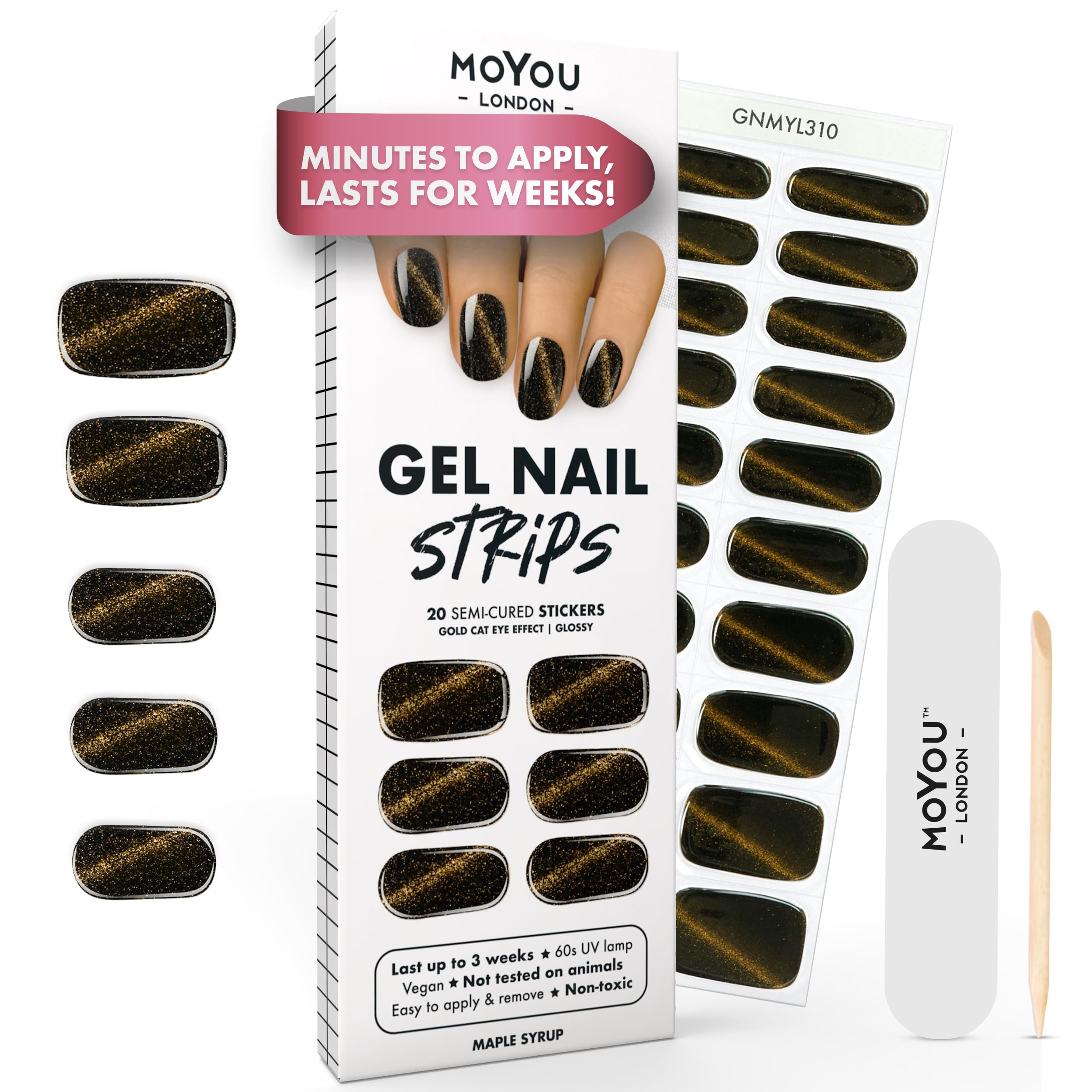 MOYOU LONDON Semi Cured Gel Nail Strips - 20 Pcs. Waterproof Gel Nail Wraps, Cures in Sunlight or UV/LED Lamp, Lasts Up to 2+ Weeks, Stretchable, Easy to Apply & Remove, Vegan & Cruelty-Free