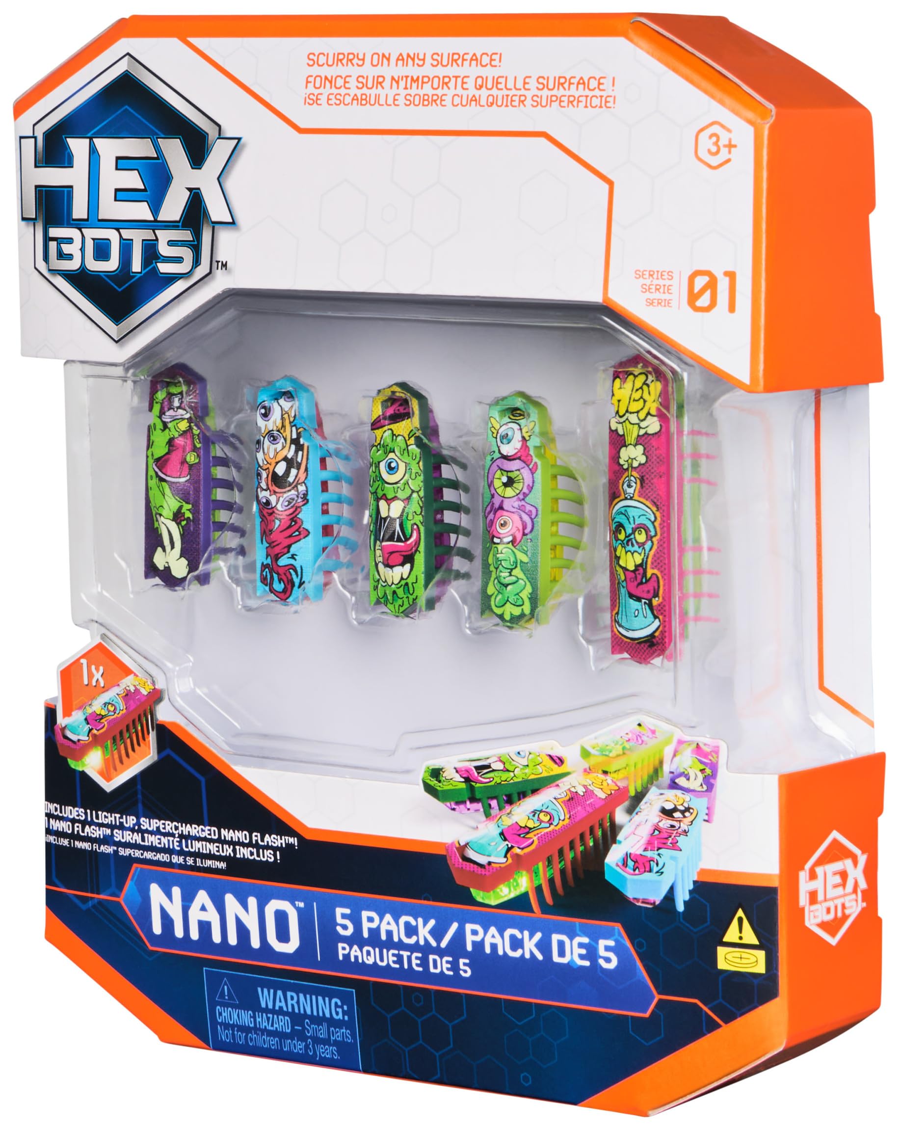 HEX BOTS Nano 5 Pack, 4 Mini Bots with Bonus Flash Bot, Sensory Toy for Kids & Cats, Vibration Technology, Mini Robot Toy for Kids 3 & Up
