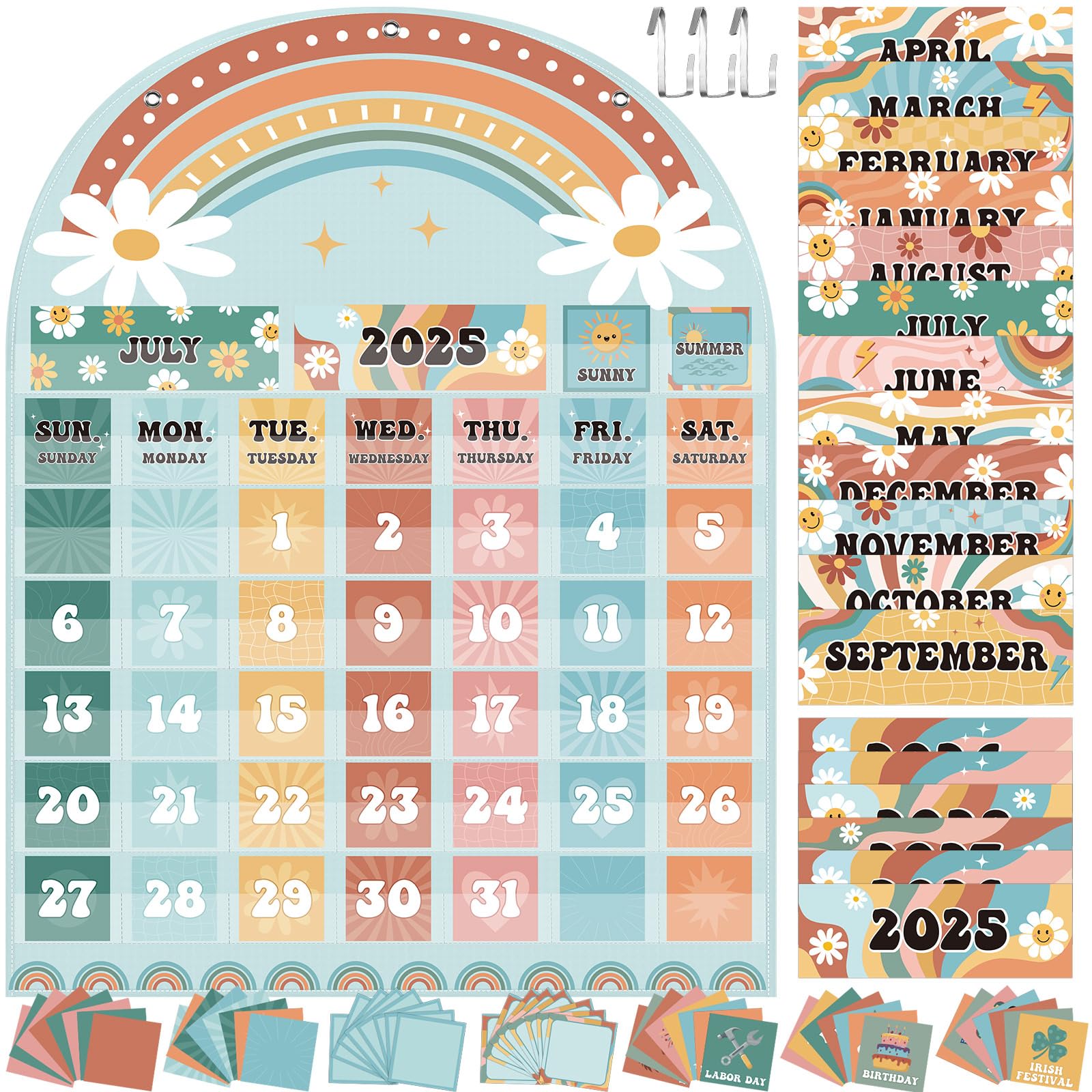 Photo 1 of Pasimy Classroom Calendar Pocket Chart Retro Groovy Bulletin Board Set Boho Daisy Seasons Festival Weather Calendar Set for Classroom Decoration Back to School Supplies(Special)