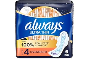 Always Ultra Thin Feminine Pads with Wings for Women, Size 4, Overnight Absorbency, Unscented, Up to 100% Leak-Free Comfort, 