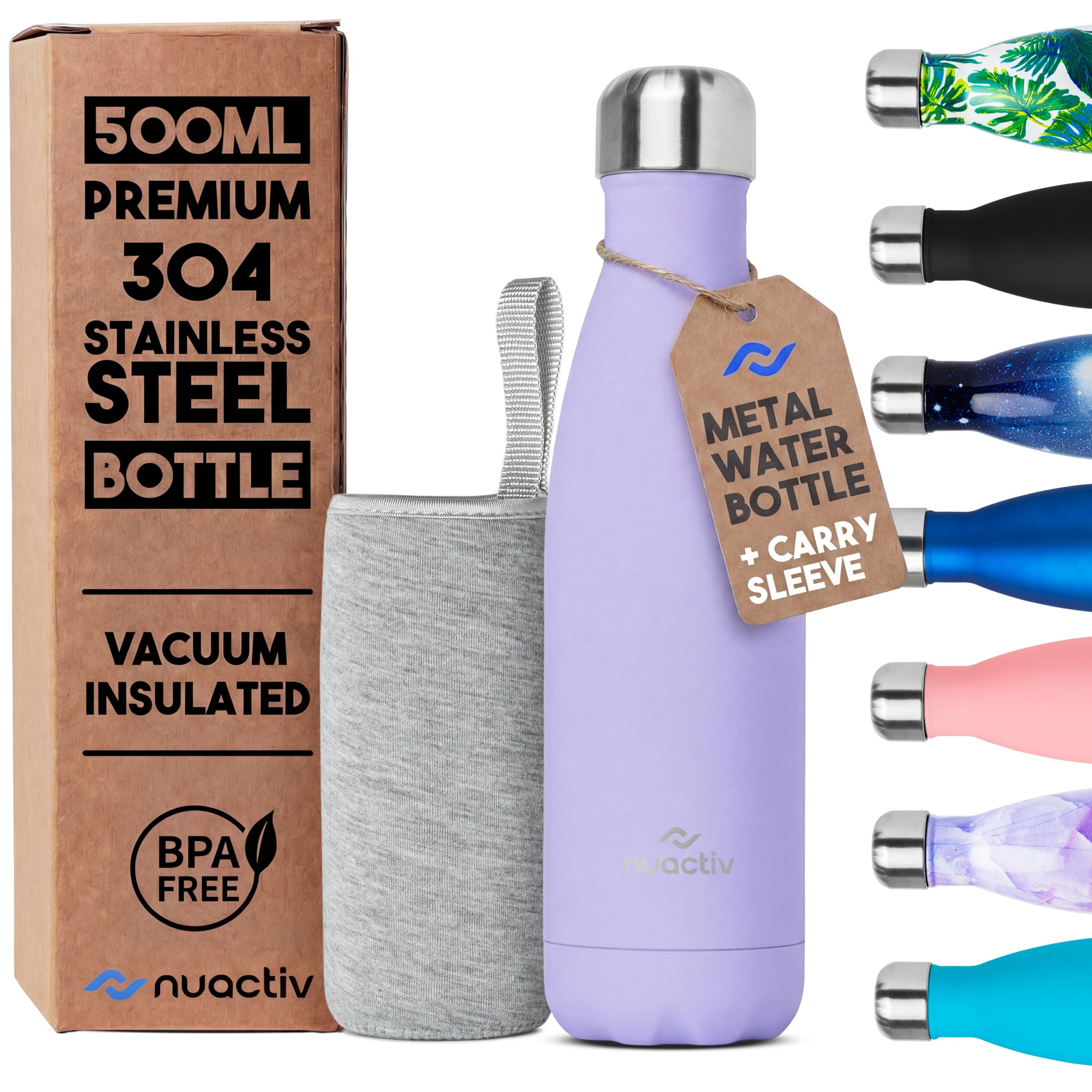 Nuactiv Stainless Steel Water Bottle 500ml, Vacuum Insulated Metal Flask, Leakproof, BPA Free, Reusable Sports Flask, Keeps Drinks Cold 24h & Hot 12h, for Gym, Travel, Work & School