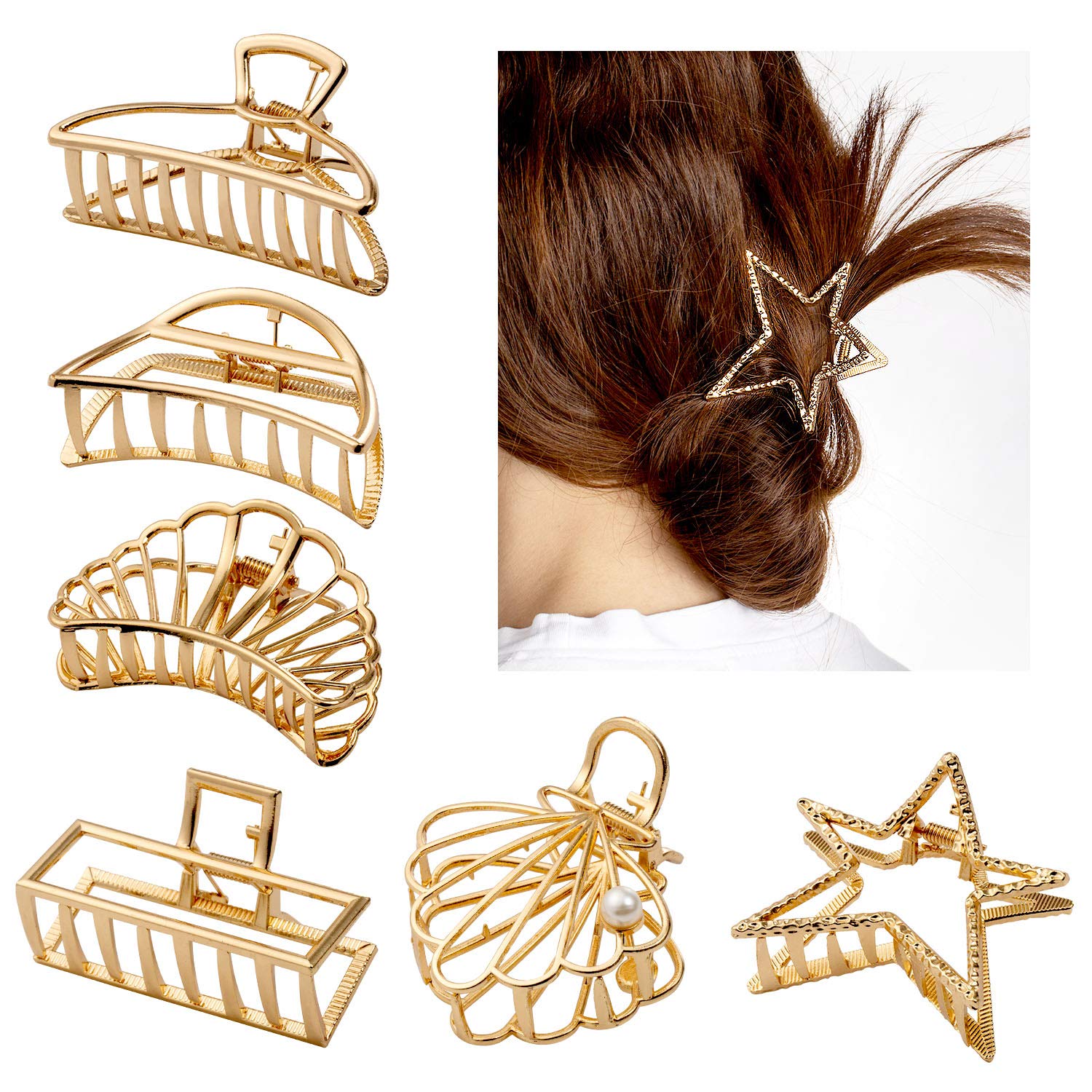 6 Pieces Metal Hair Claw Clips, Comius Sharp Gold Hollow Non-slip Hair Catch Jaw Clamp Clips Hair Accessories for Women Girls