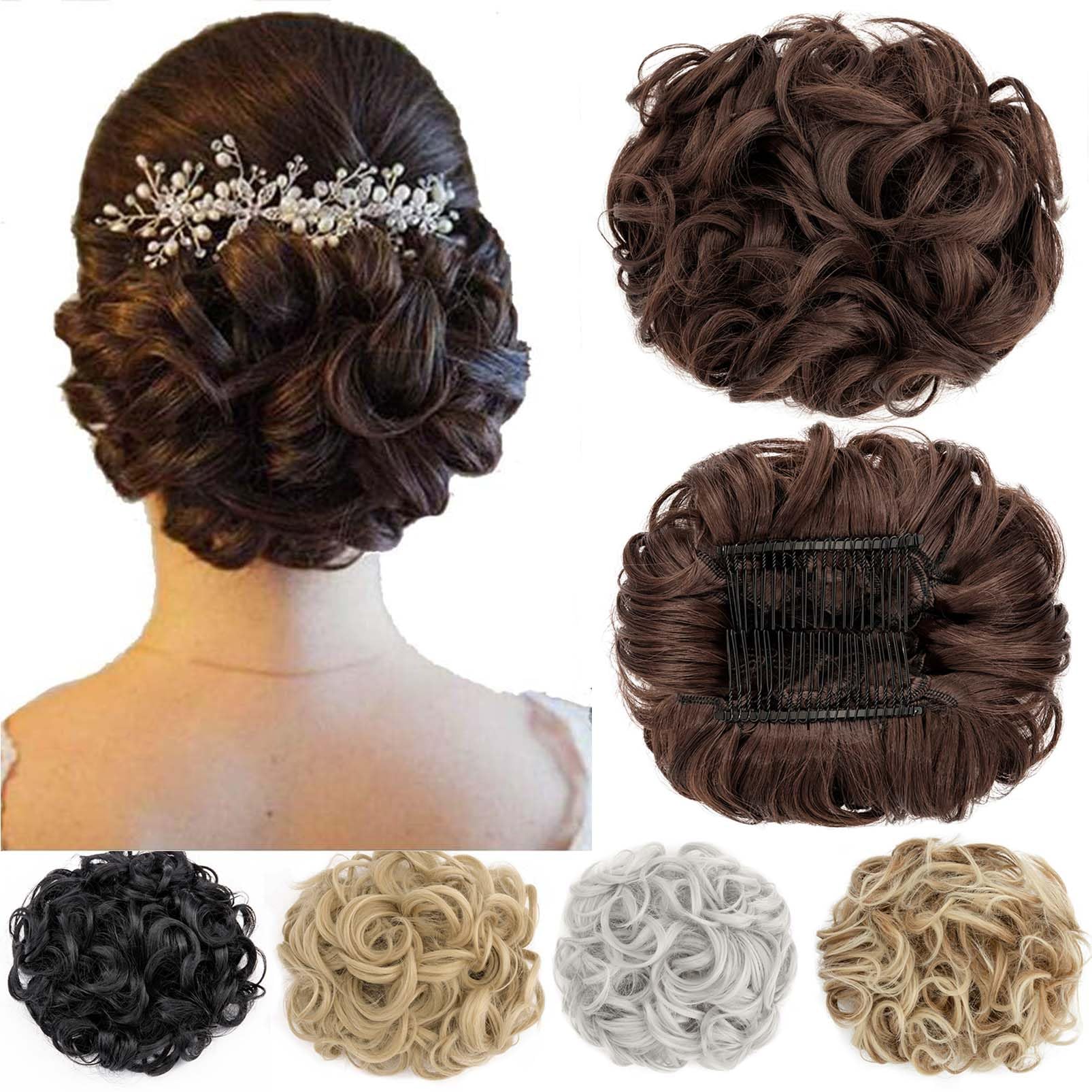 Short Messy Curly Dish Hair Bun Extension Easy Stretch hair Combs Clip in Ponytail Extension Scrunchie Chignon Tray Ponytail Hairpieces Medium Brown — image 1